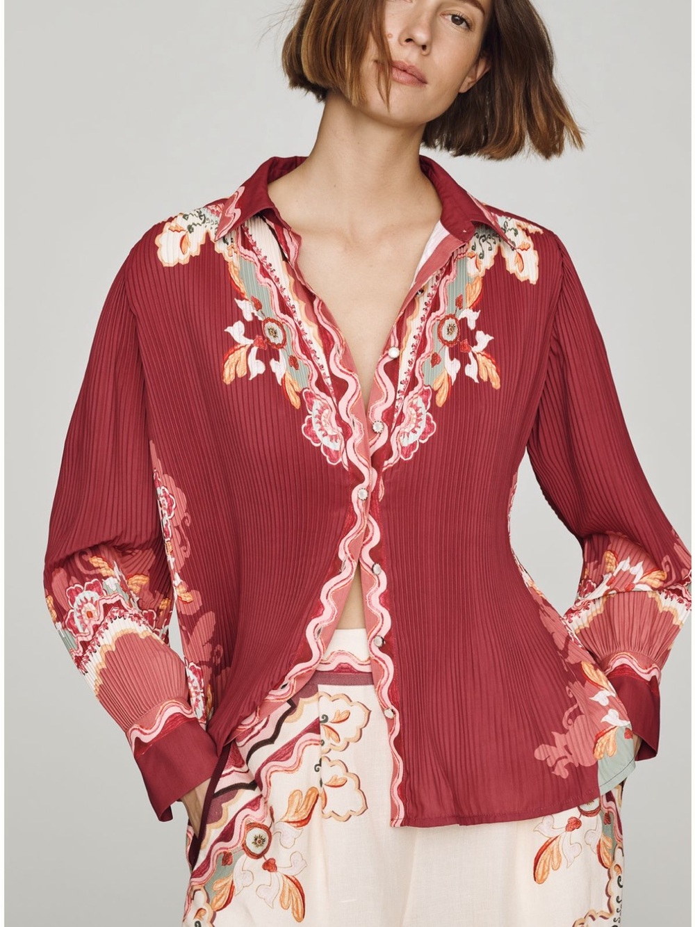 Ranna Gill Burgundy Floral Embroidered Pleated Button-Down